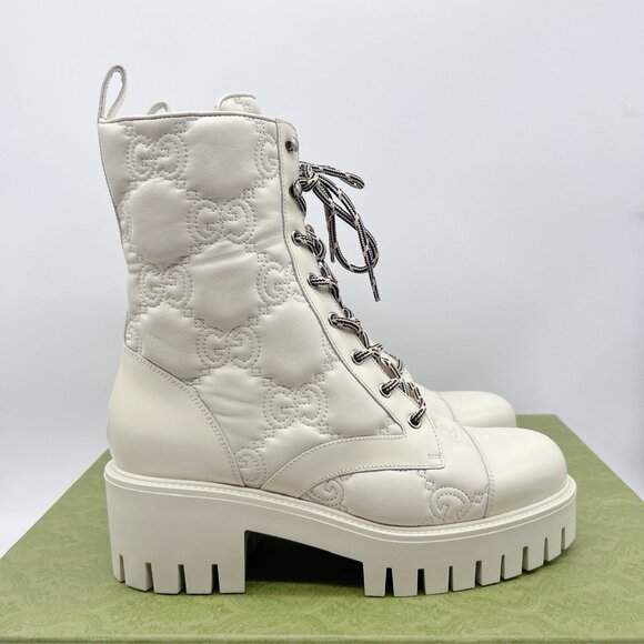 Gucci Marmont GG Interlock Embossed Lace Up Boots White Leather Platform EU 41 - Picture 5 of 13